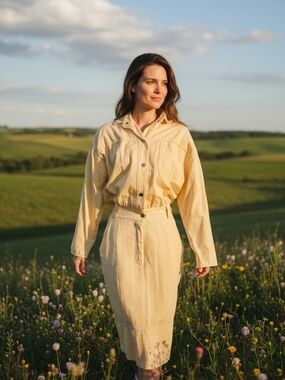 Vintage 70s Cherokee Yellow Cotton Twill Dress Size 5/6 Western Mom Cottagecore